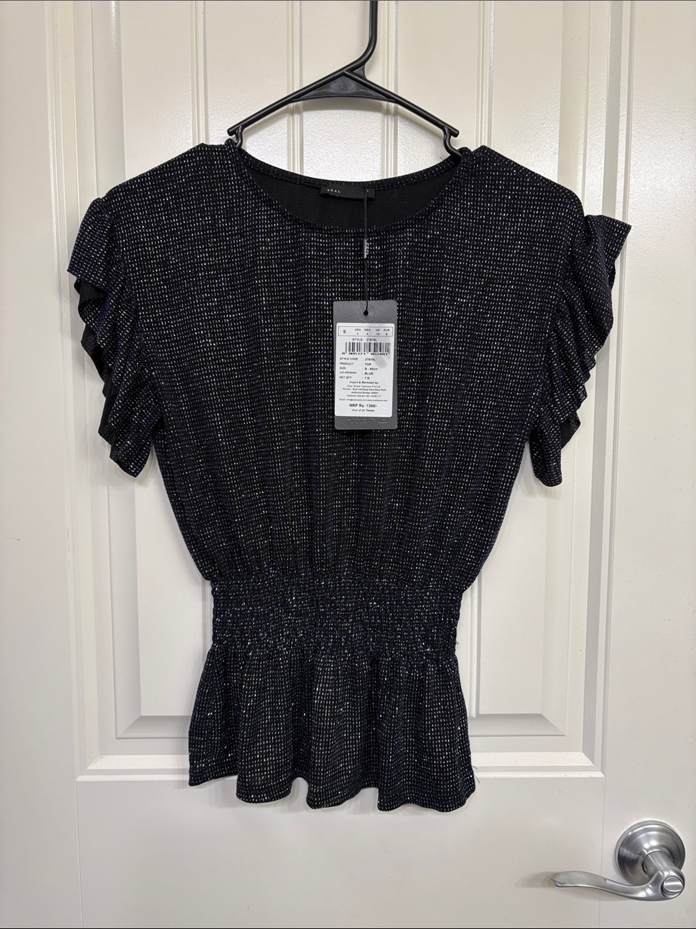 NWT DEAL‎ Jeans Designer Smocked Waist Black Metallic Ruffle-Sleeve Blouse